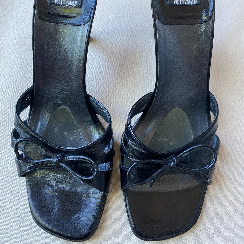 Stuart Weitzman Black Strappy Sandals with Bow, Y2k Aesthetic, Size 7.5